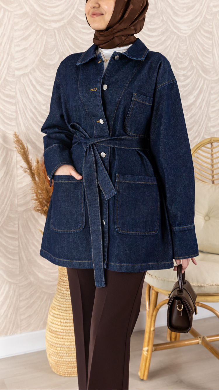 Noir Denim Kuşaklı Ceket | Koyu 