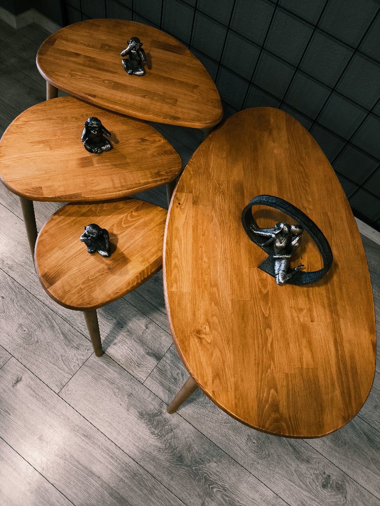 4lü set Doğal masif ahşap damla model Orta sehpa ve 3lü zigon takımı Açık Meşe