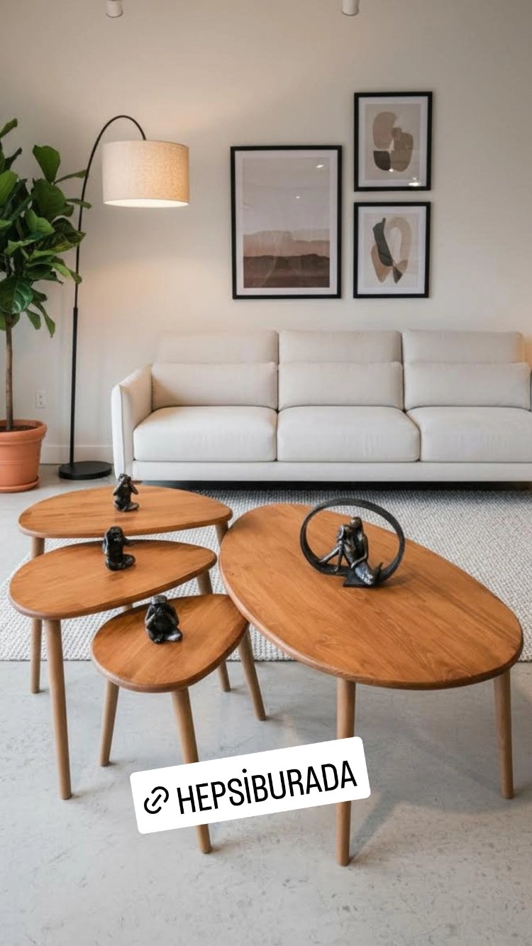 4lü set Doğal masif ahşap damla model Orta sehpa ve 3lü zigon takımı Açık Meşe
