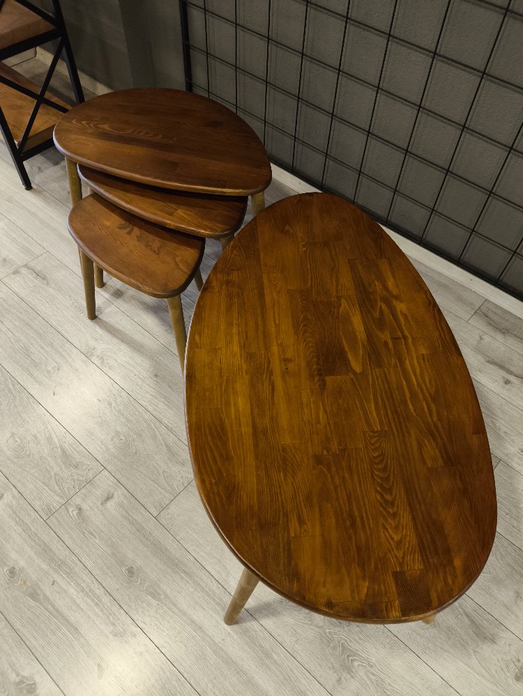 4lü set Doğal masif ahşap damla model Orta sehpa ve 3lü zigon takımı Kızıl Ceviz