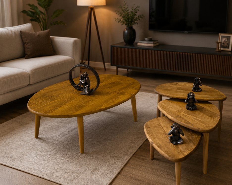 4lü set Doğal masif ahşap damla model Orta sehpa ve 3lü zigon takımı Eskitme