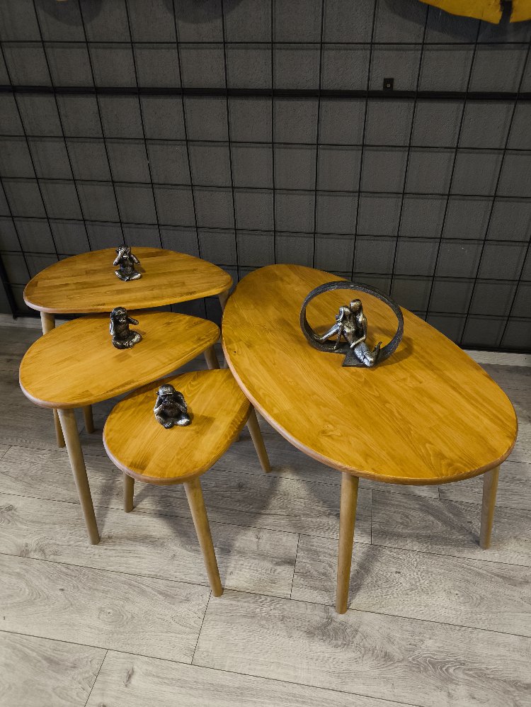 4lü set Doğal masif ahşap damla model Orta sehpa ve 3lü zigon takımı Eskitme