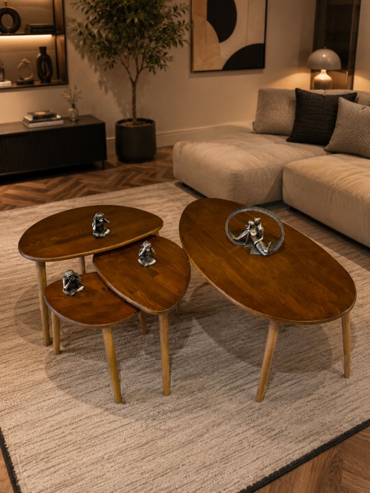 4lü set Doğal masif ahşap damla model Orta sehpa ve 3lü zigon takımı Kızıl Ceviz