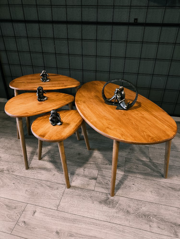 4lü set Doğal masif ahşap damla model Orta sehpa ve 3lü zigon takımı Açık Meşe