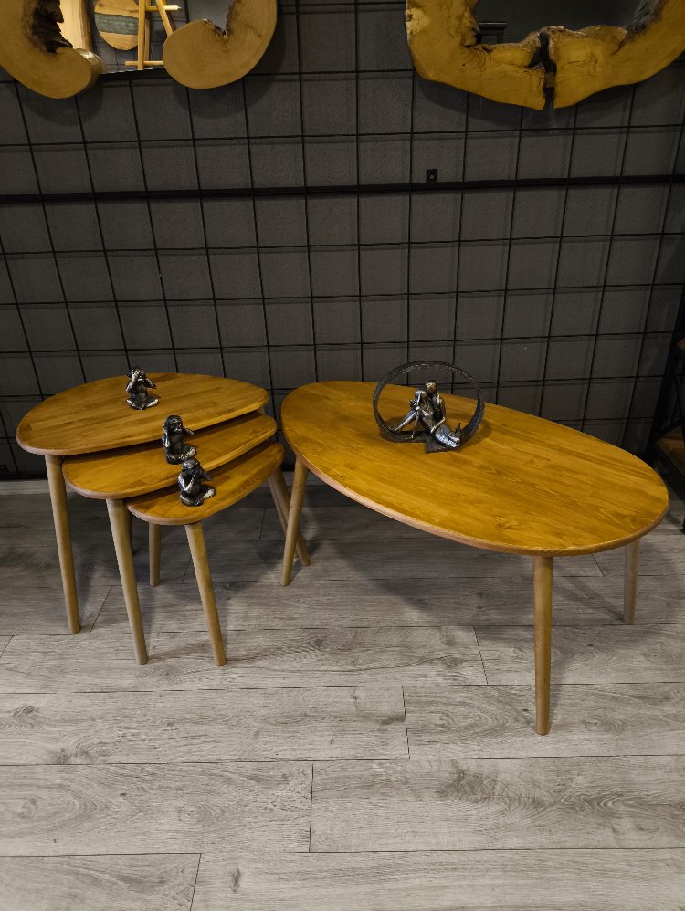 4lü set Doğal masif ahşap damla model Orta sehpa ve 3lü zigon takımı Eskitme