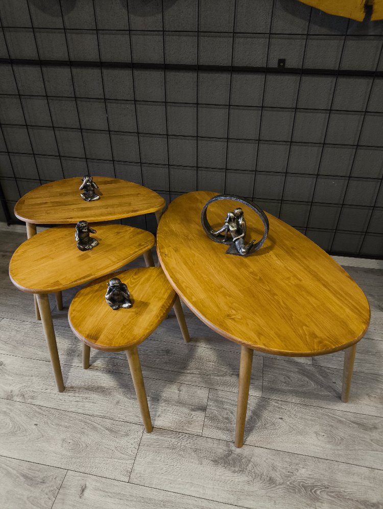 4lü set Doğal masif ahşap damla model Orta sehpa ve 3lü zigon takımı Eskitme