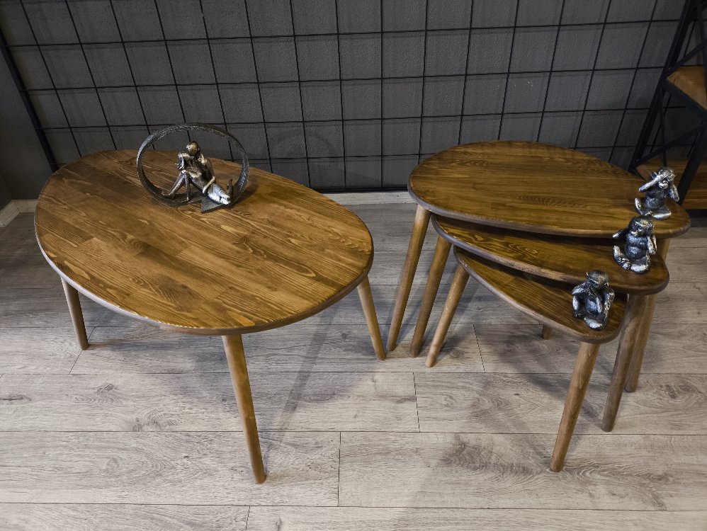 4lü set Doğal masif ahşap damla model Orta sehpa ve 3lü zigon takımı Venge