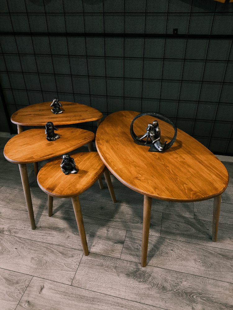 4lü set Doğal masif ahşap damla model Orta sehpa ve 3lü zigon takımı Açık Meşe