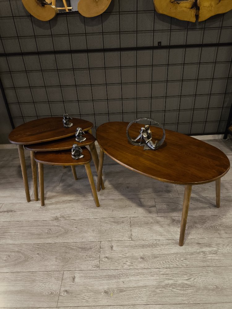4lü set Doğal masif ahşap damla model Orta sehpa ve 3lü zigon takımı Kızıl Ceviz