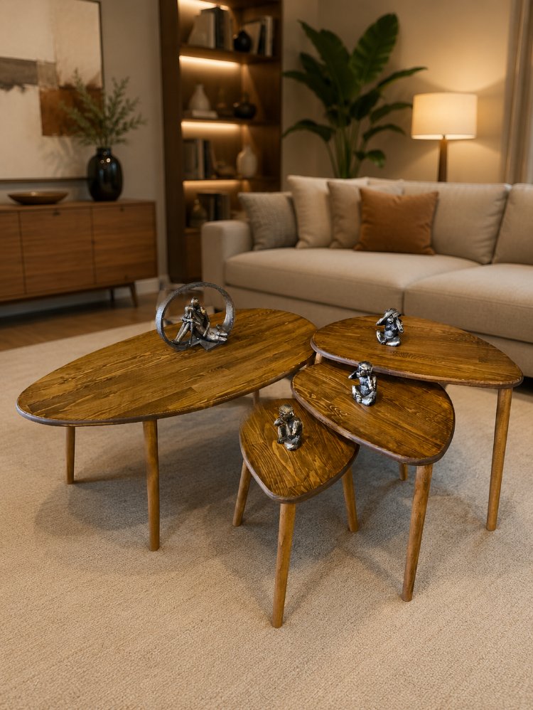 4lü set Doğal masif ahşap damla model Orta sehpa ve 3lü zigon takımı Venge