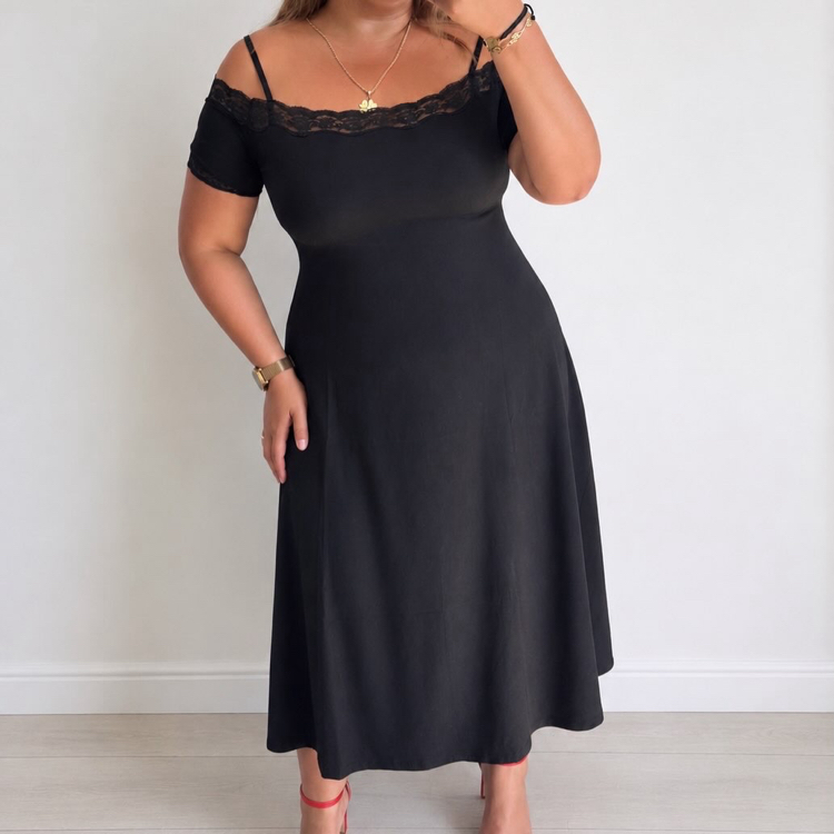 Dantel Detay Midi Model Elbise