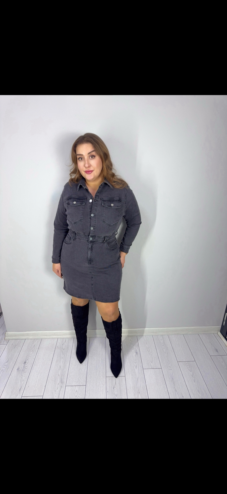 Gri Düğme Detaylı Uzun Kol Denim Elbise