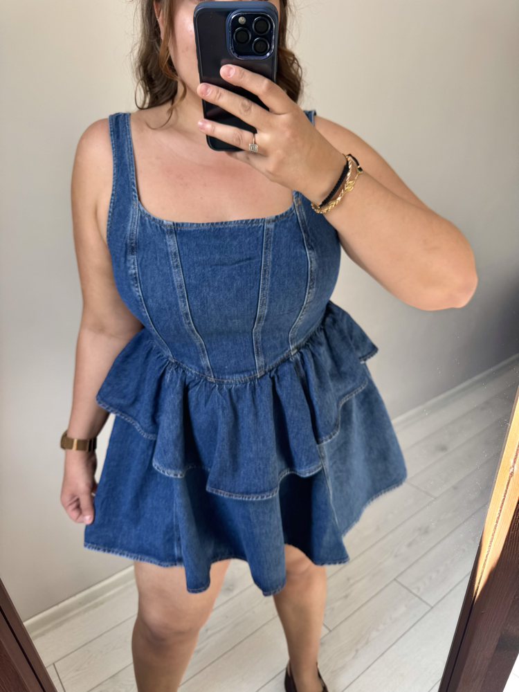 Volan Detaylı Denim Elbise