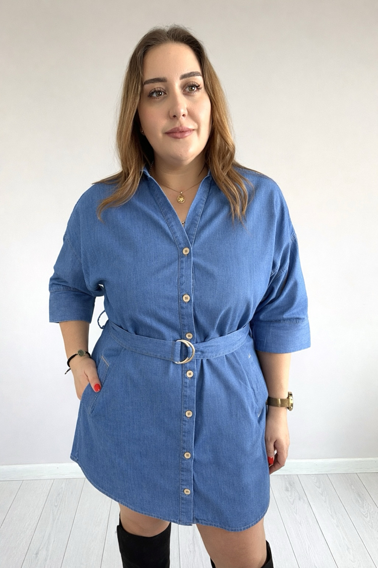 Beli Kuşak Detaylı Jean Elbise