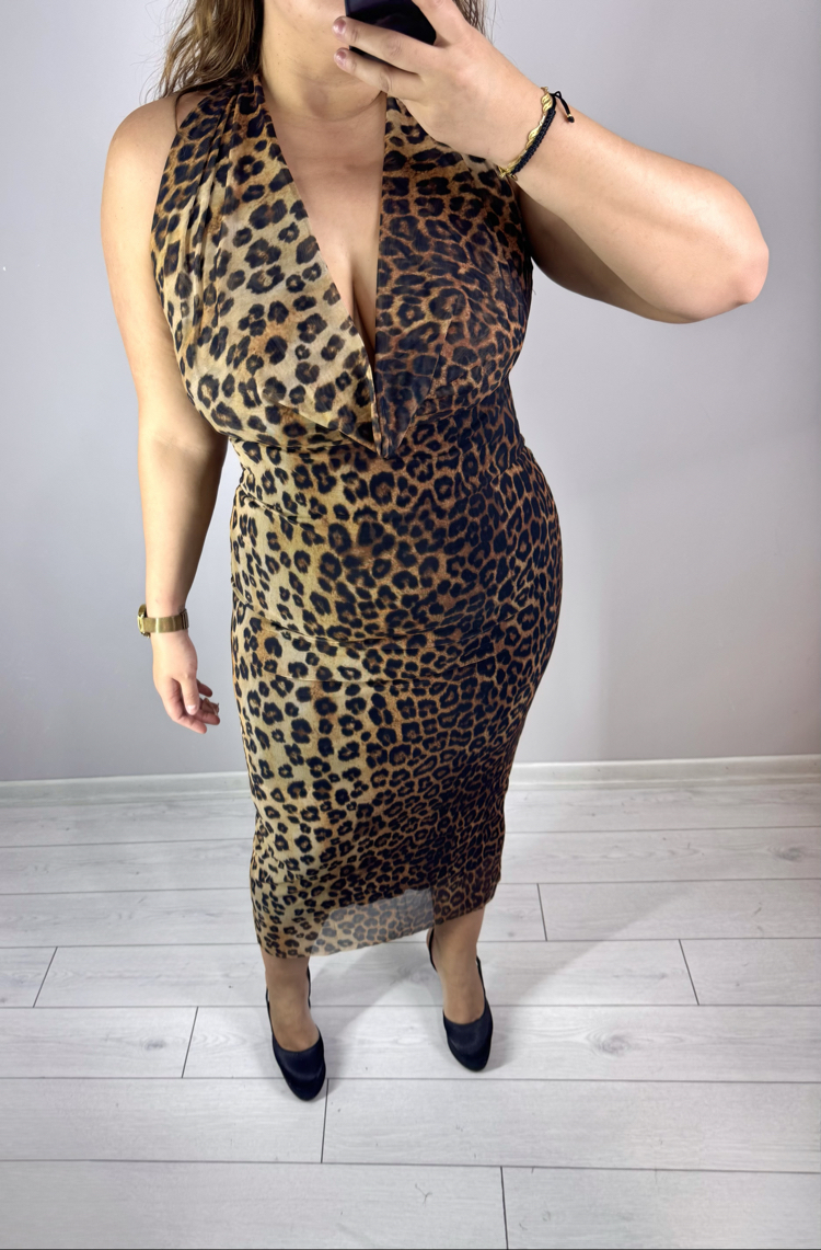 Degaje Yaka Örme Tül Maxi Leopar Elbise