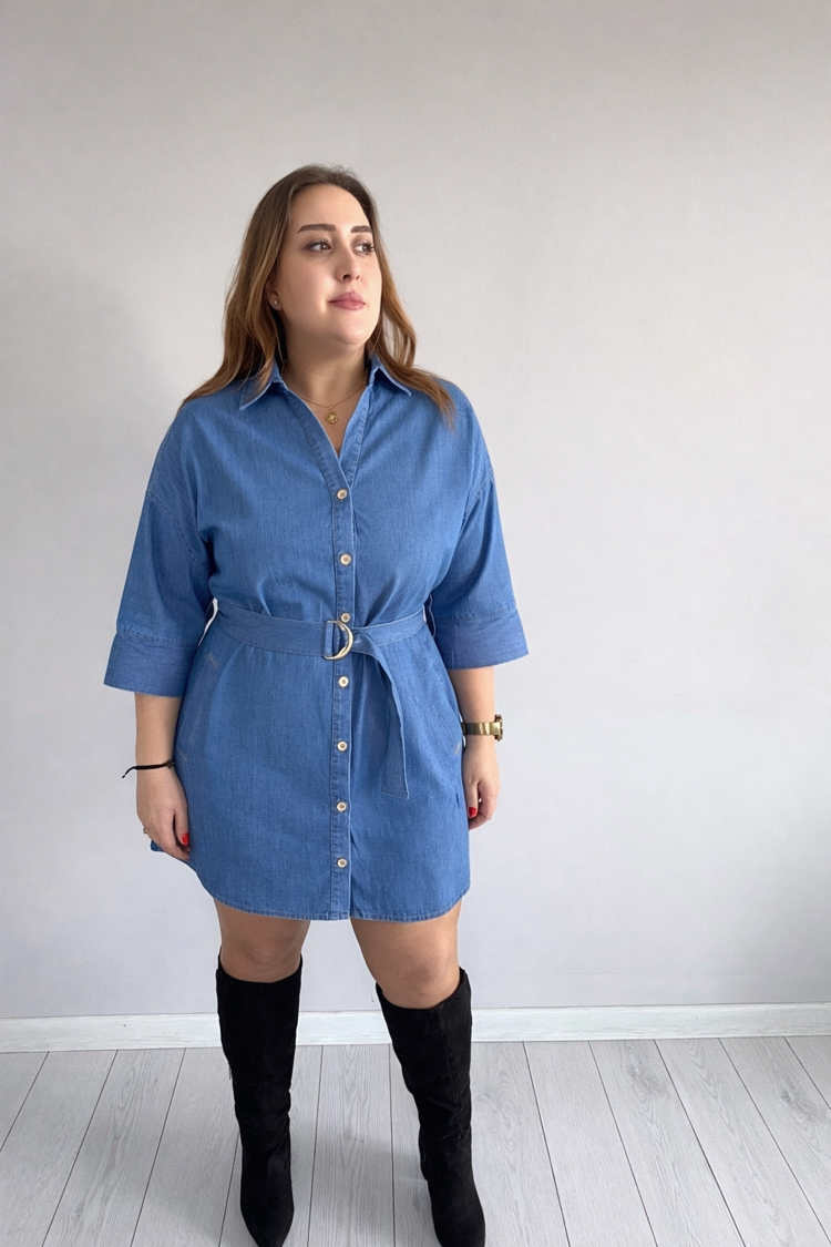 Beli Kuşak Detaylı Jean Elbise