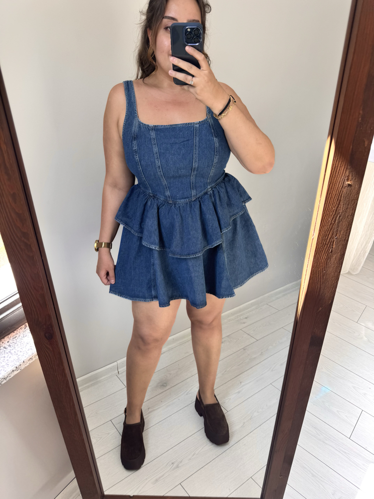 Volan Detaylı Denim Elbise