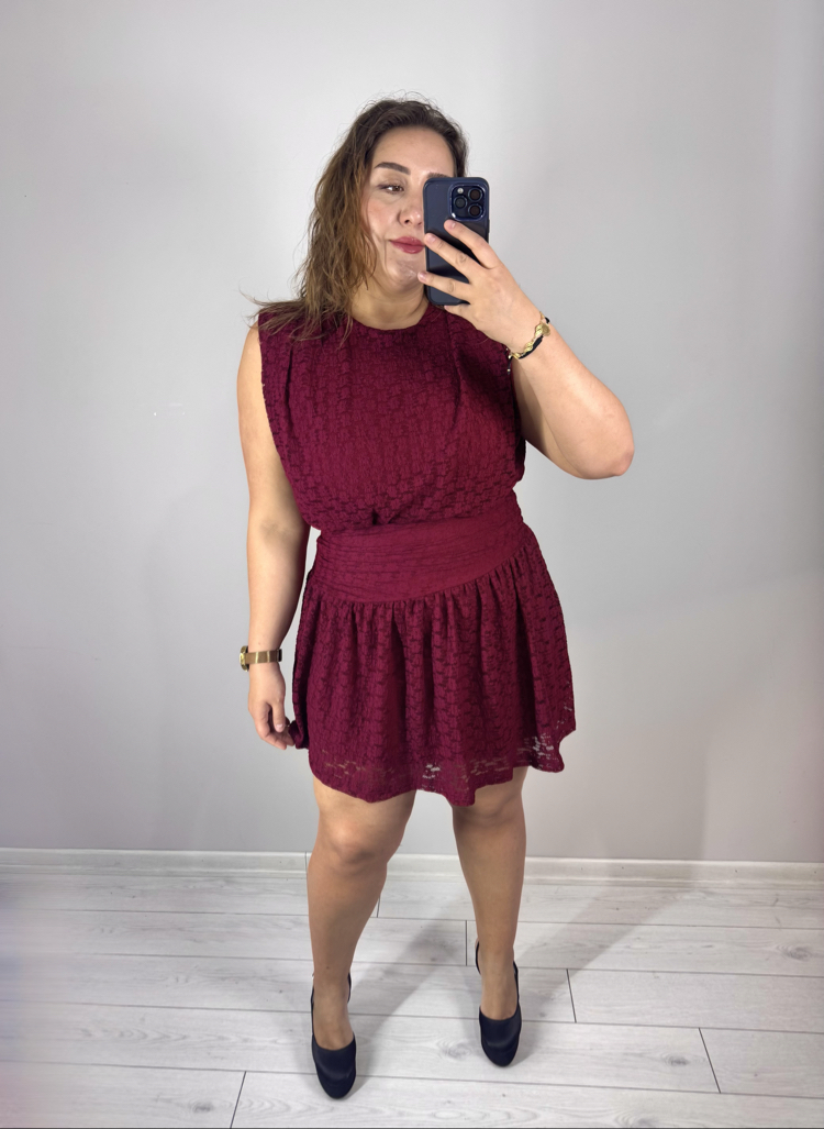 Bordo Dantel Drapeli Elbise