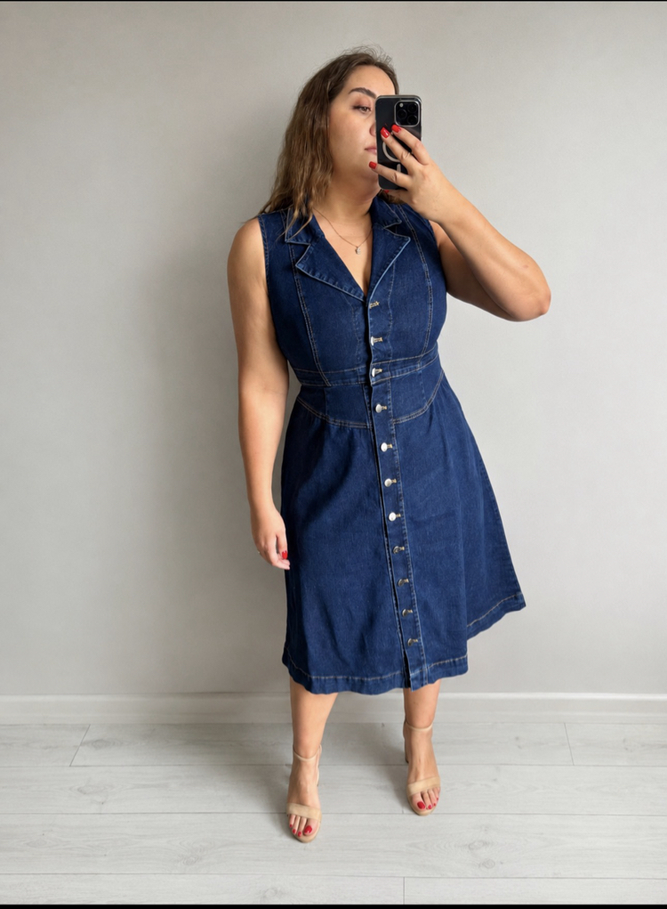 Midi Boy Esnek Denim Elbise