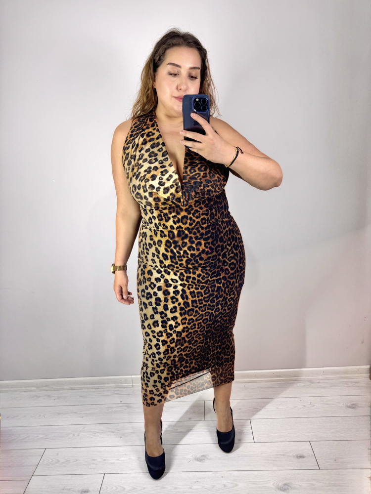Degaje Yaka Örme Tül Maxi Leopar Elbise