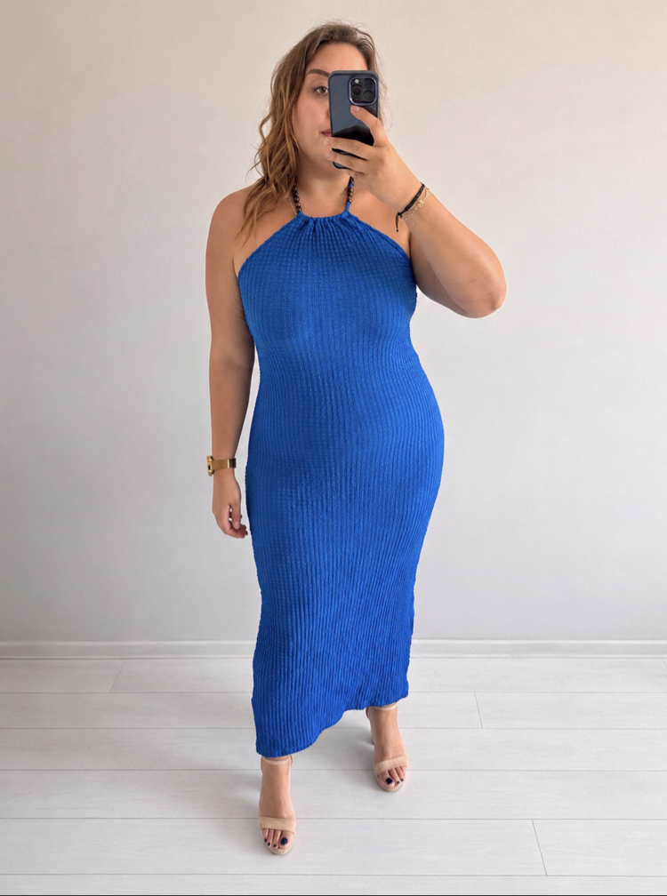 Boncuklu Halter Dokulu Elbise