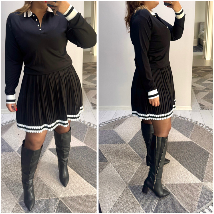 Polo Yaka Bluz + Beli Lastik Detaylı Pliseli Etek Takım