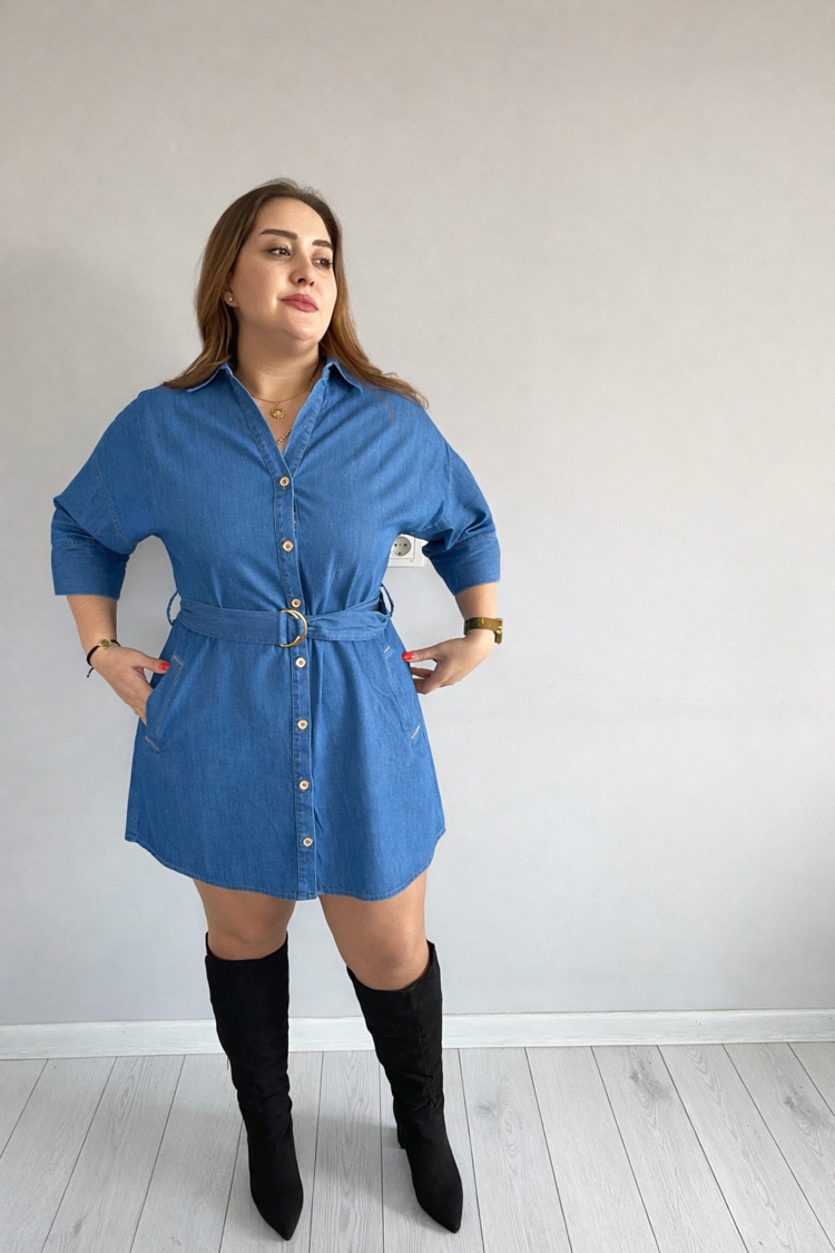 Beli Kuşak Detaylı Jean Elbise