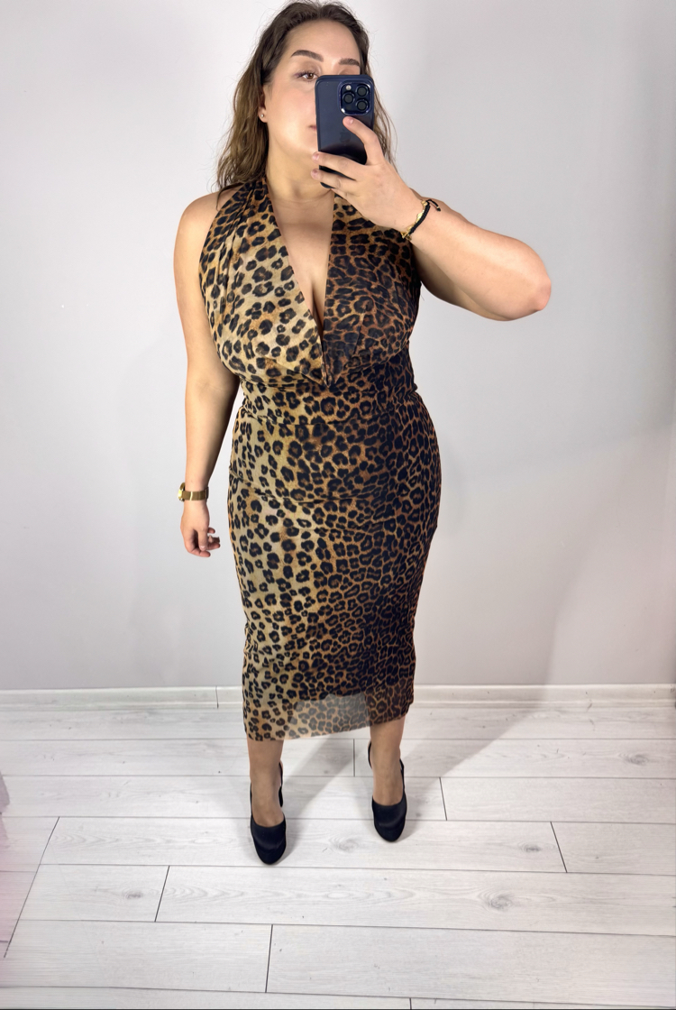 Degaje Yaka Örme Tül Maxi Leopar Elbise