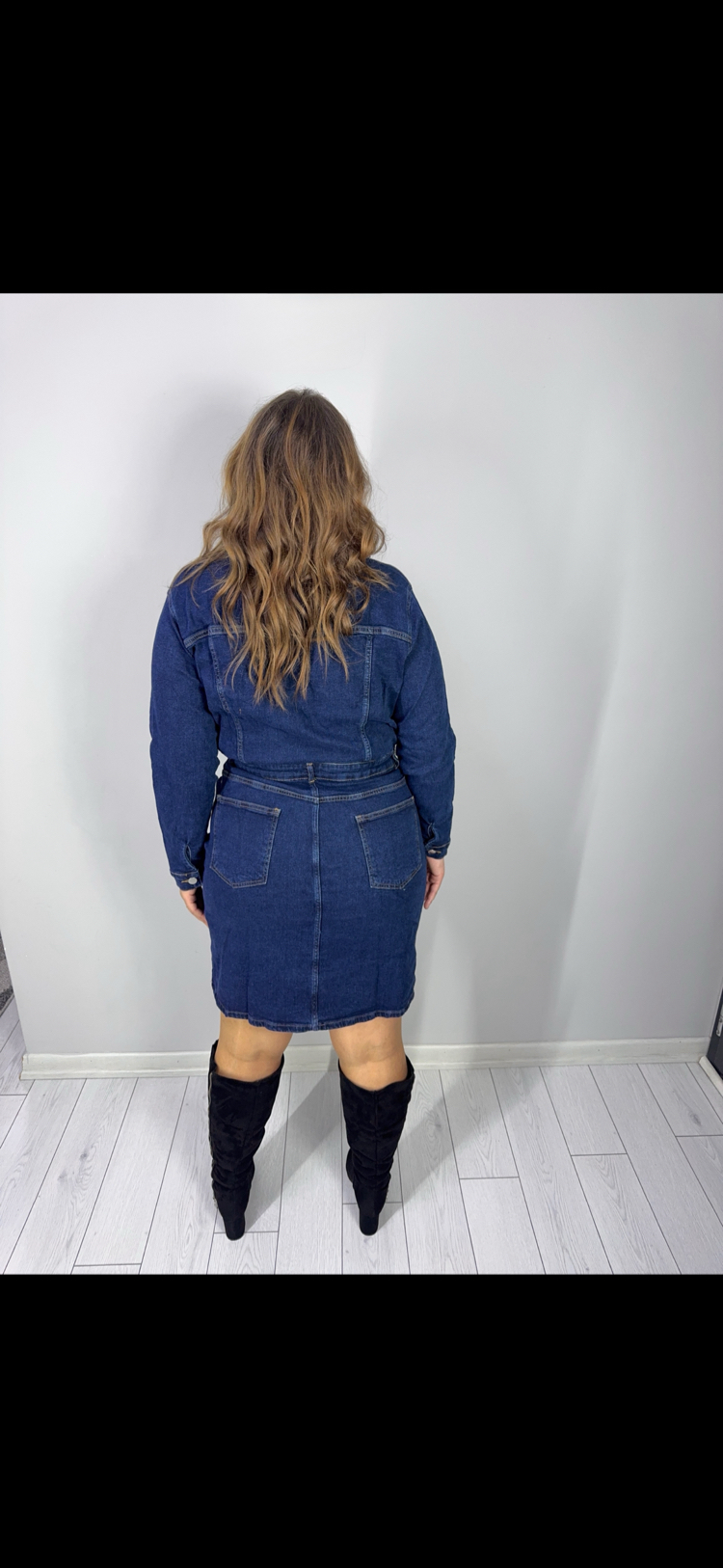 İndigo Düğme Detaylı Uzun Kol Denim Elbise