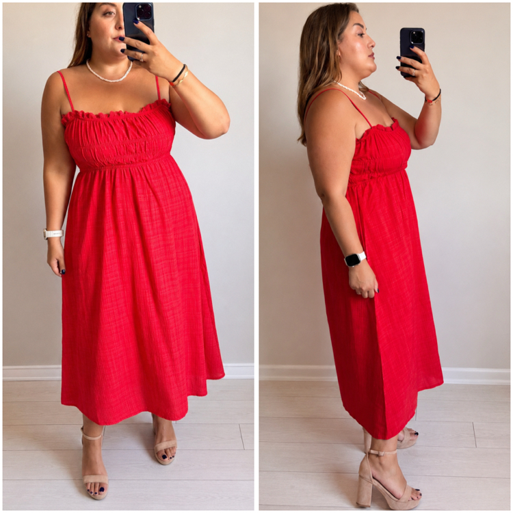 Kare Yaka Fisto Detaylı Keten Görünümlü Elbise