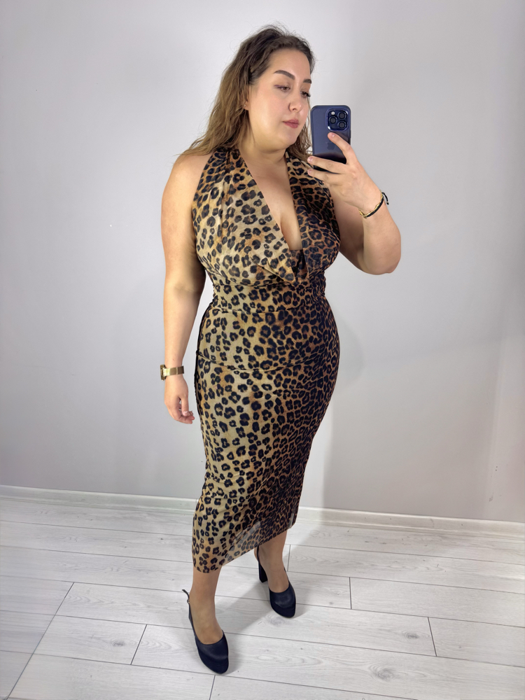 Degaje Yaka Örme Tül Maxi Leopar Elbise
