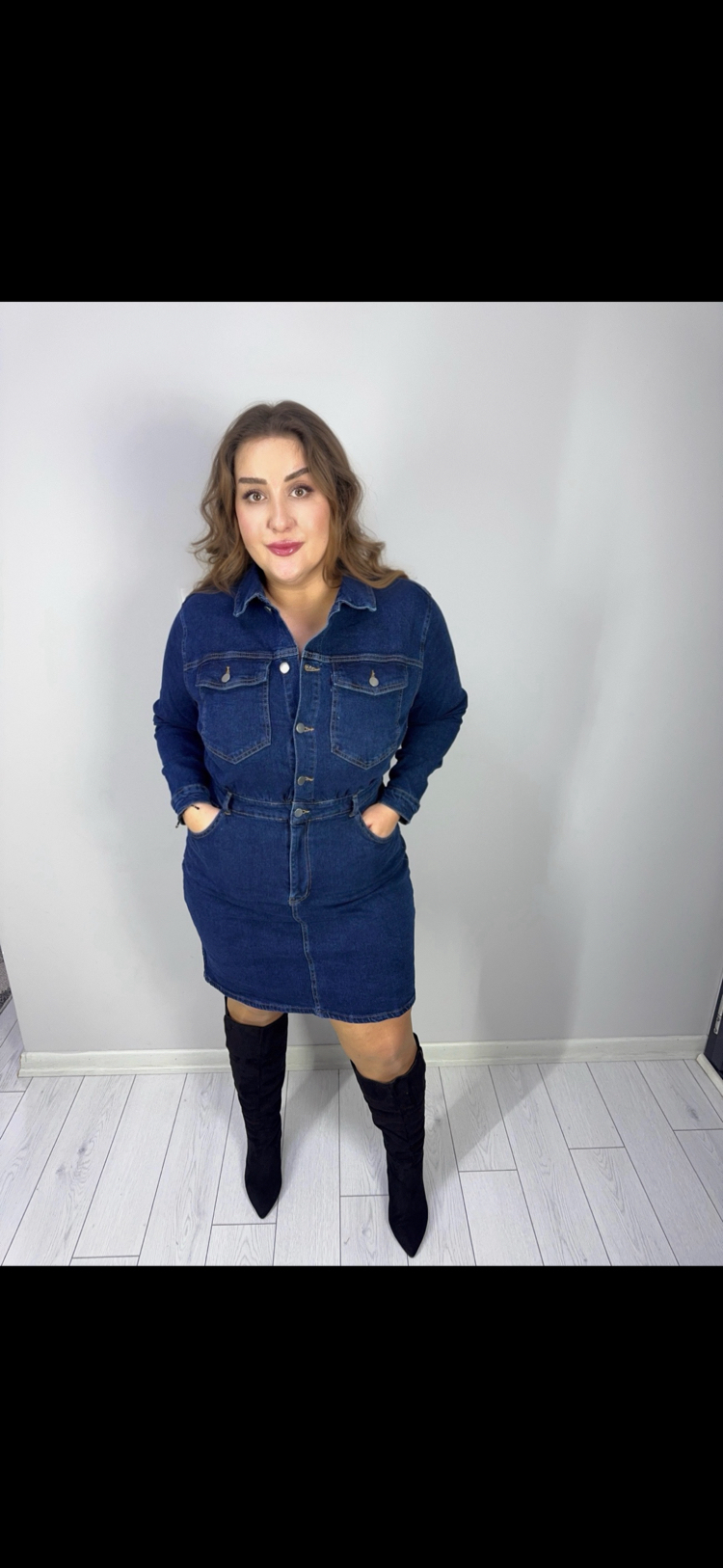 İndigo Düğme Detaylı Uzun Kol Denim Elbise