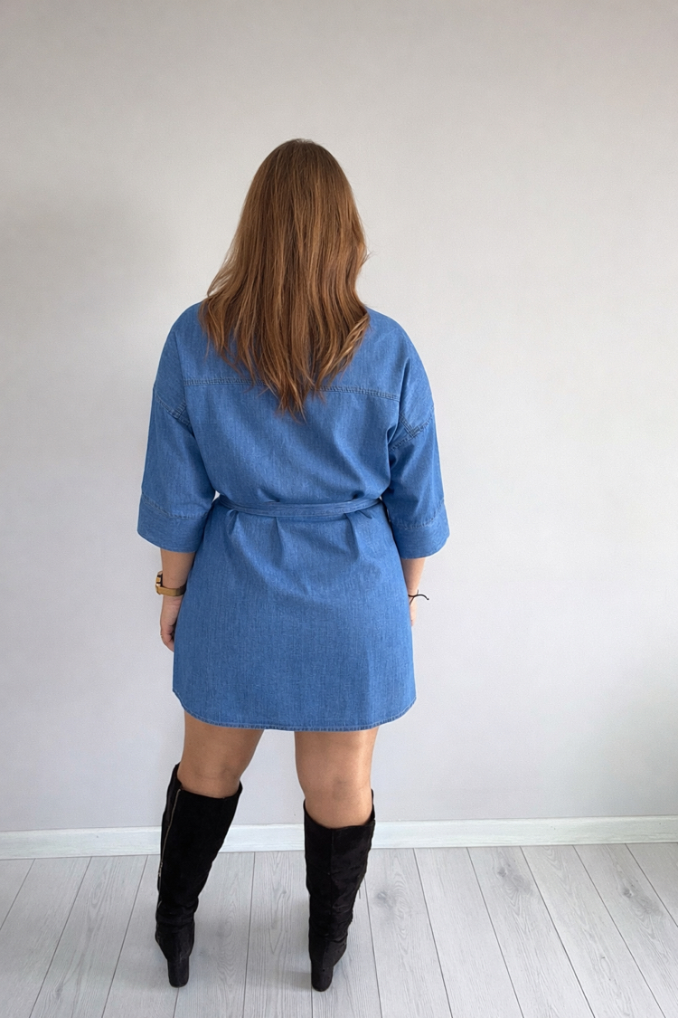 Beli Kuşak Detaylı Jean Elbise
