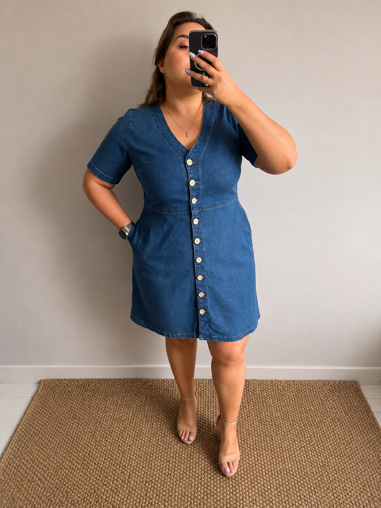 Hafif Çan Model Cepli Denim Elbise