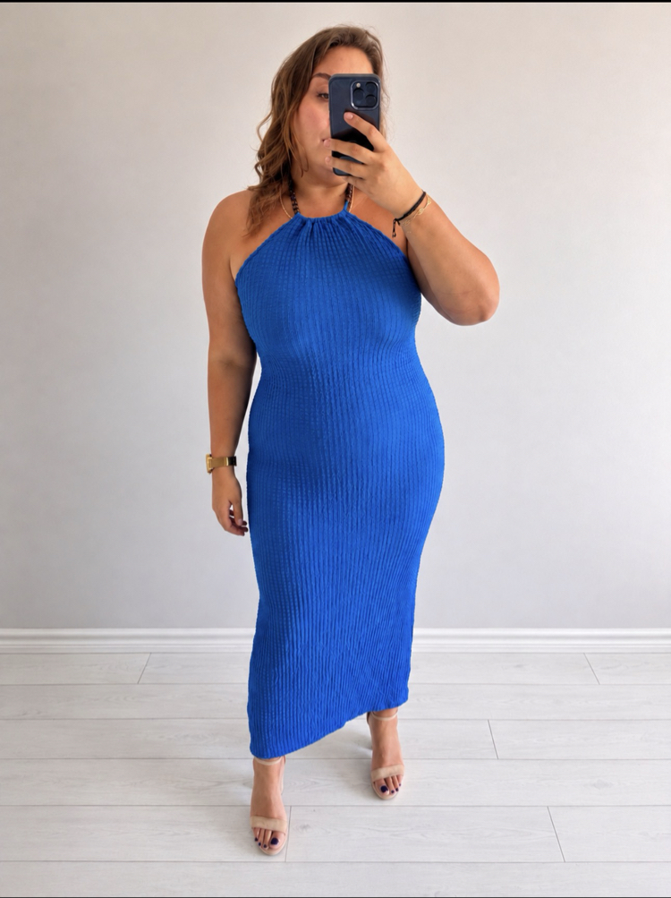 Boncuklu Halter Dokulu Elbise