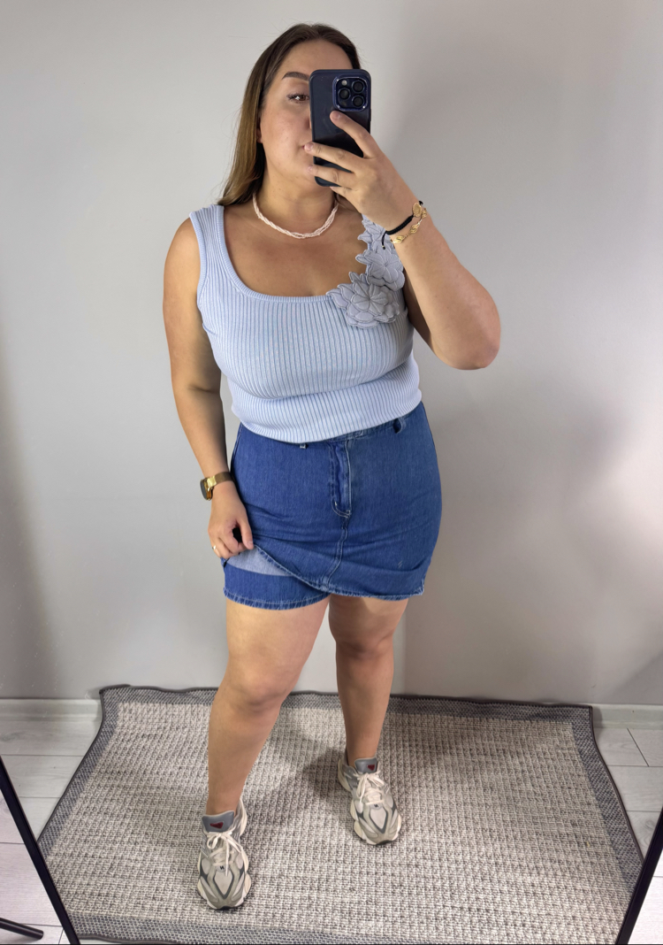 Koyu Mavi Denim Bel Lastik Detay Şort Etek