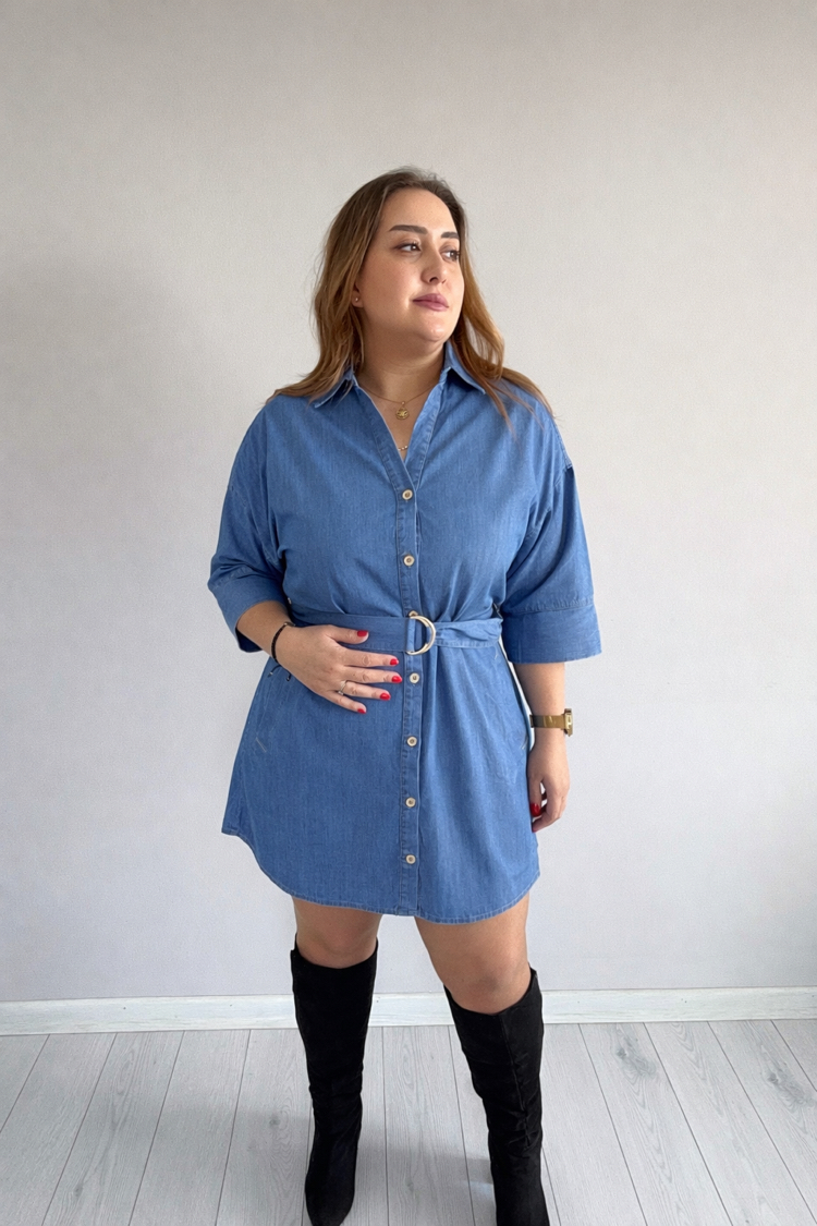 Beli Kuşak Detaylı Jean Elbise