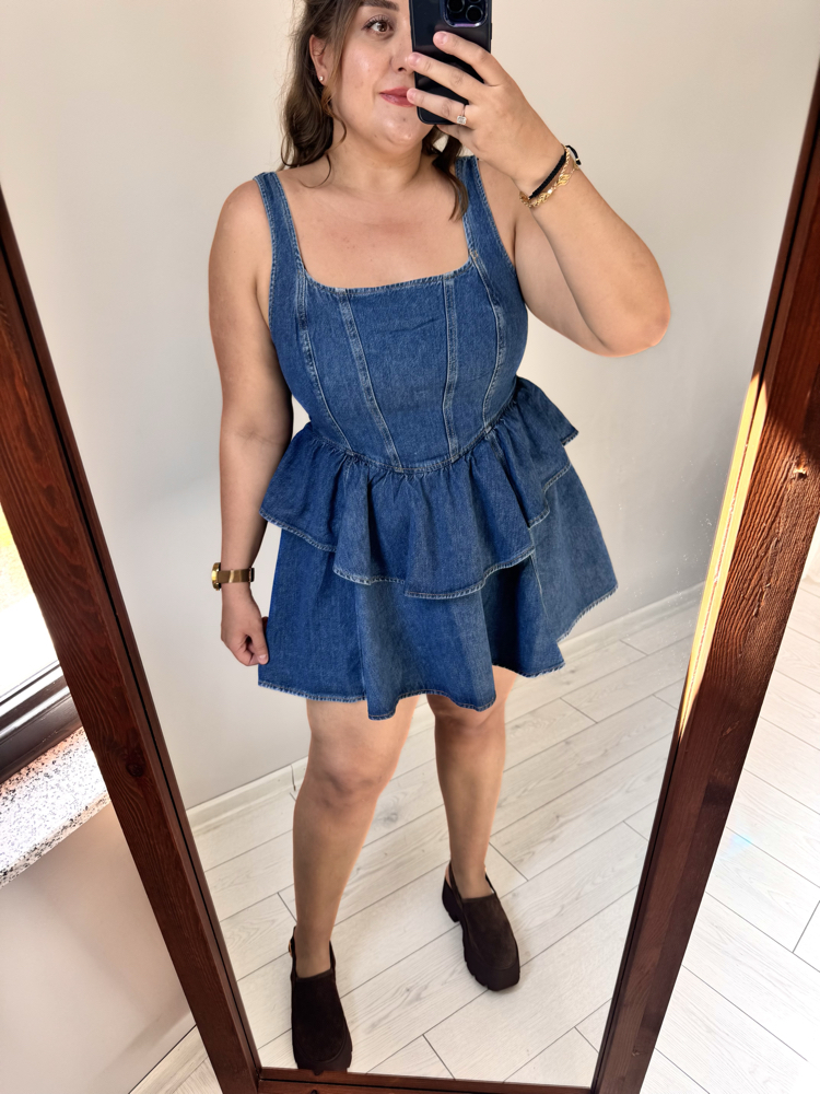 Volan Detaylı Denim Elbise