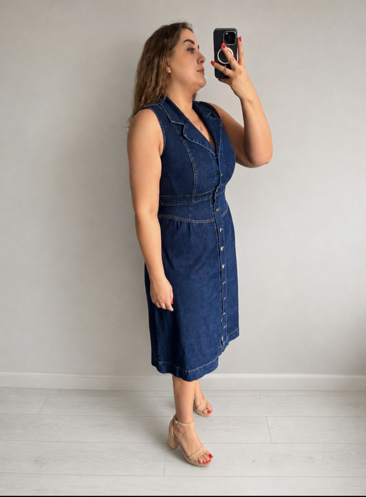 Midi Boy Esnek Denim Elbise