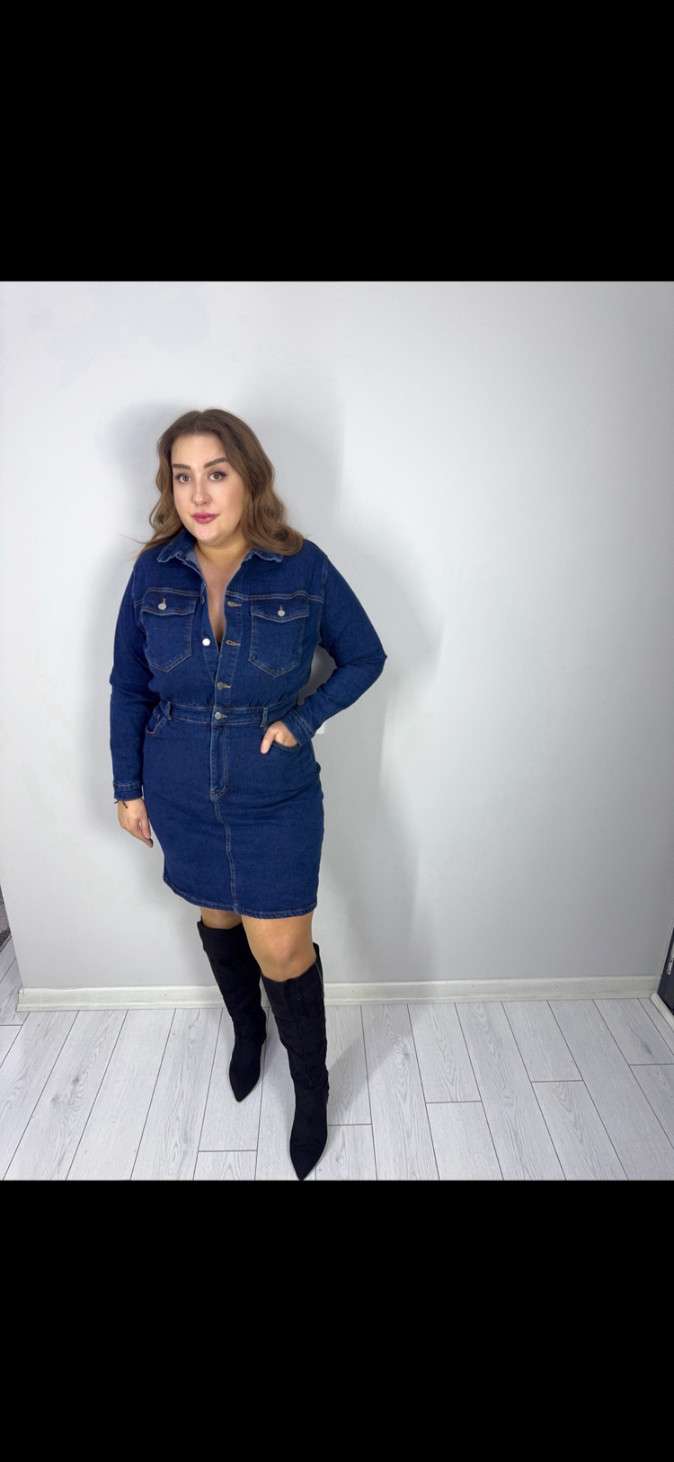 İndigo Düğme Detaylı Uzun Kol Denim Elbise