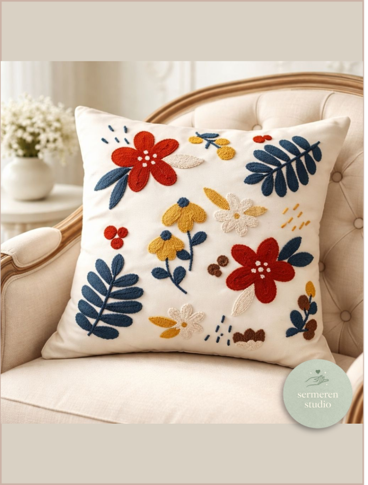 Beyaz Dekoratif Yastık | Panch Nakış 40W40D Cozy Muse Genel Kullanım Bahar Temalı