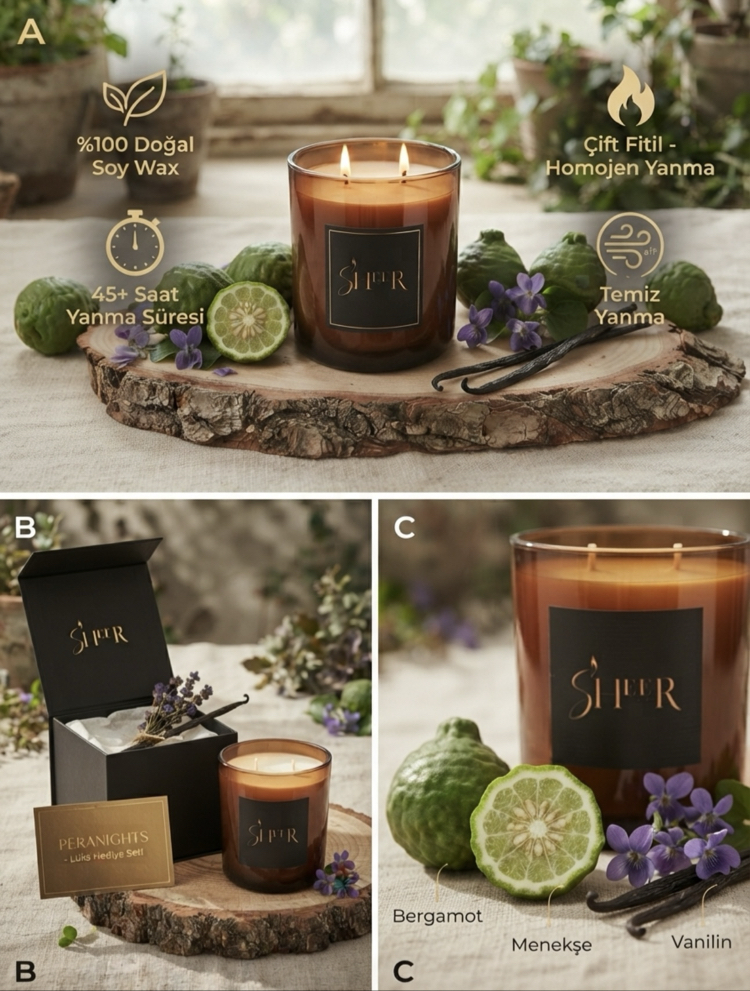 Sheer Luxury Peranights Serisi %100 Doğal Soya Wax Cam Mum