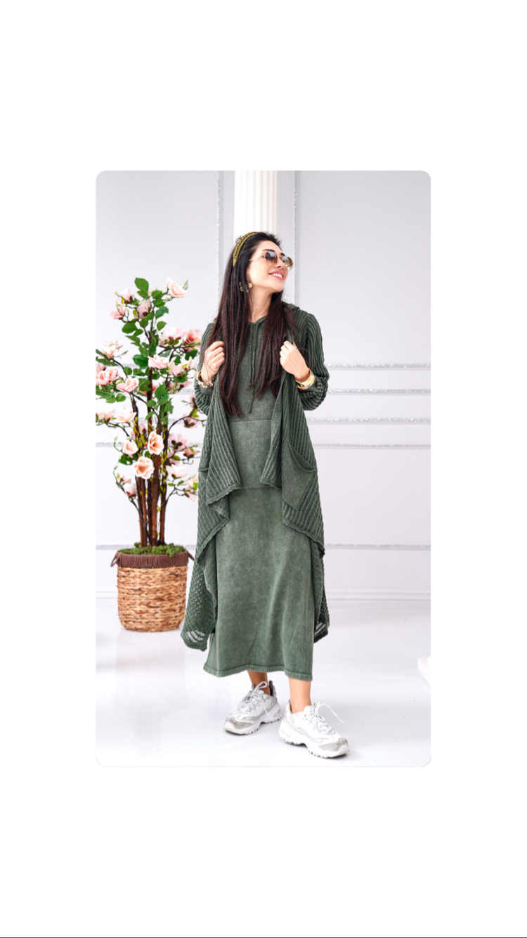 File uzun hırka kapüşonlu sweat elbise