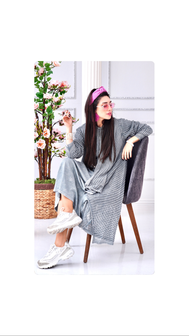 File uzun hırka kapüşonlu sweat elbise 