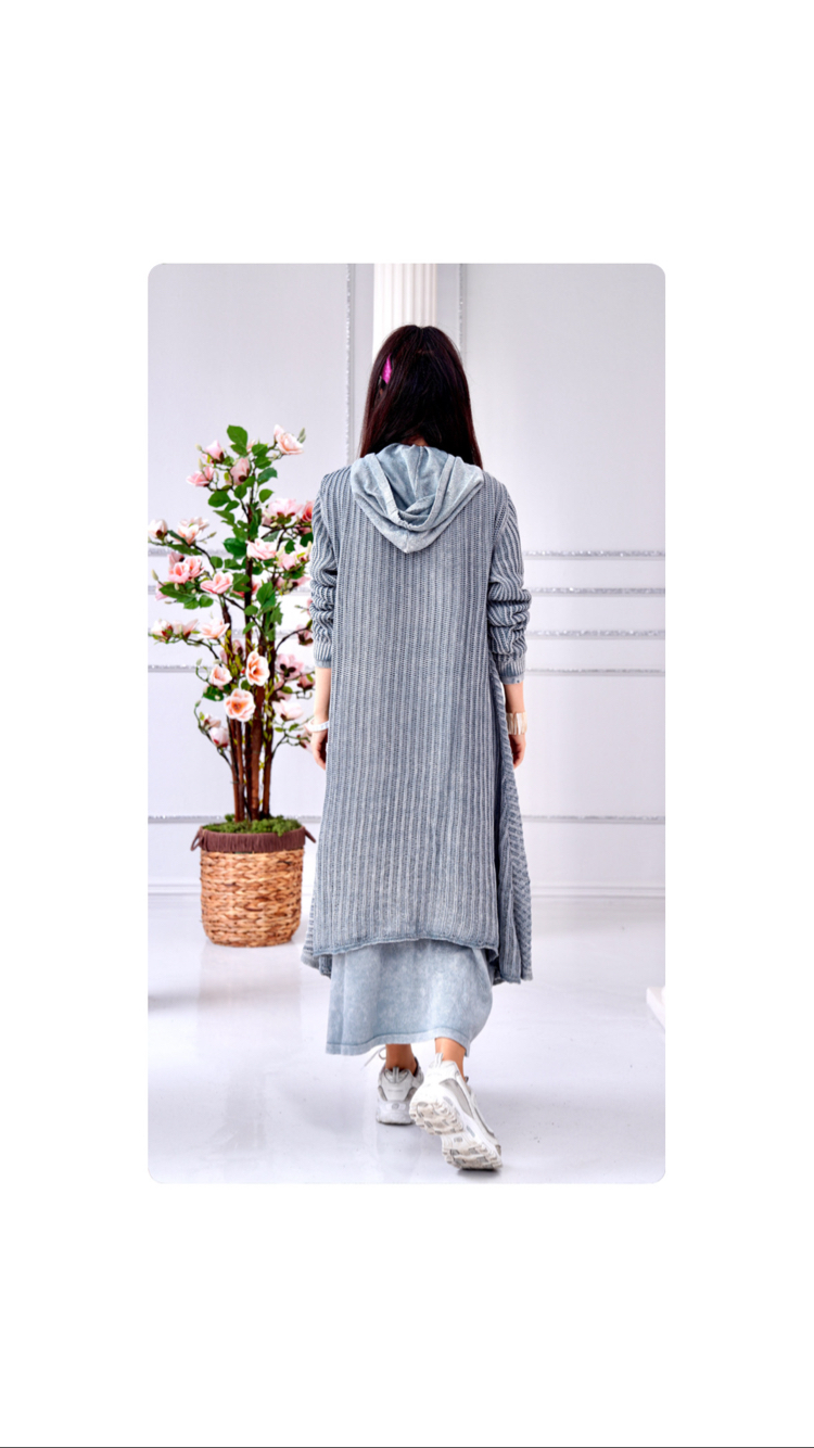File uzun hırka kapüşonlu sweat elbise 