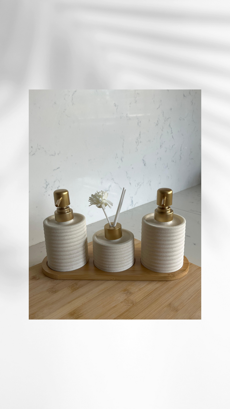 Lüks Porselen Banyo Sabunluk Seti - Bambu Standlı