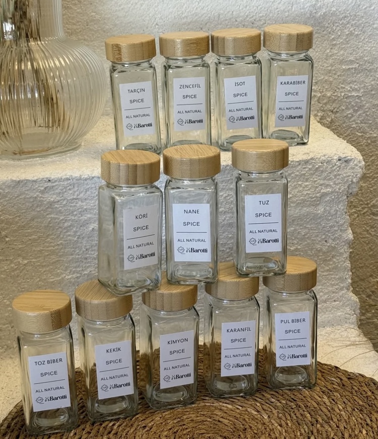 12 Adet Bambu Kapaklı Kare Baharatlık Seti 