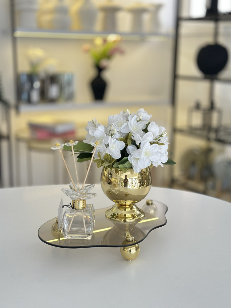 Eğri Bronz Cam Tepsi Gold Metal Top Ayaklı