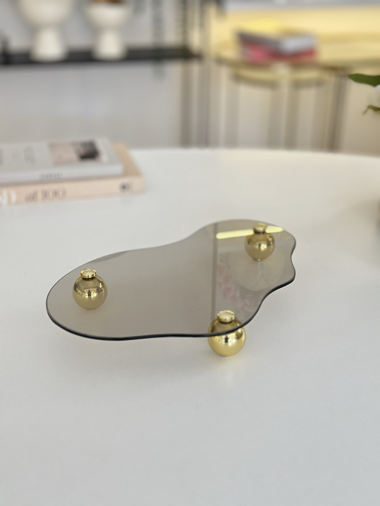 Eğri Bronz Cam Tepsi Gold Metal Top Ayaklı