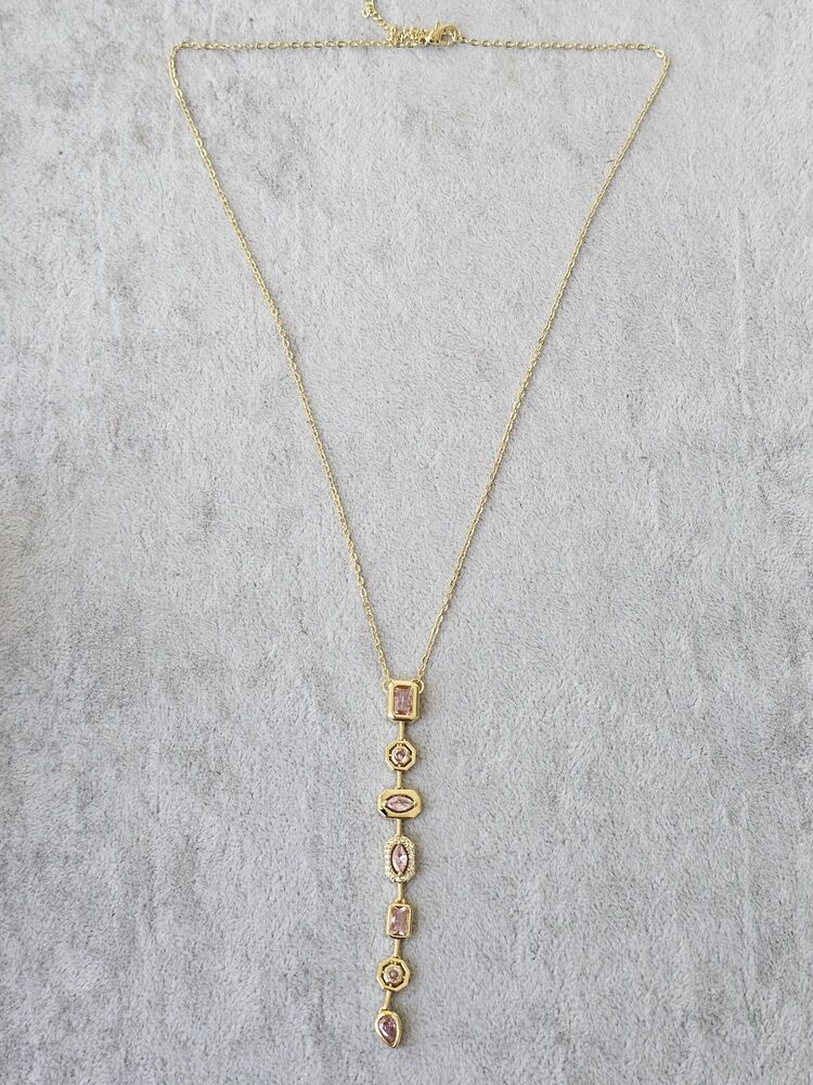 Gold Renkli Pembe Taşlı Y Kolye